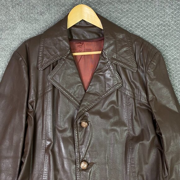 Vintage 70s Sears Leather Jacket Men's 44 Brown Fight Club Overcoat Top Coat - Picture 2 of 14